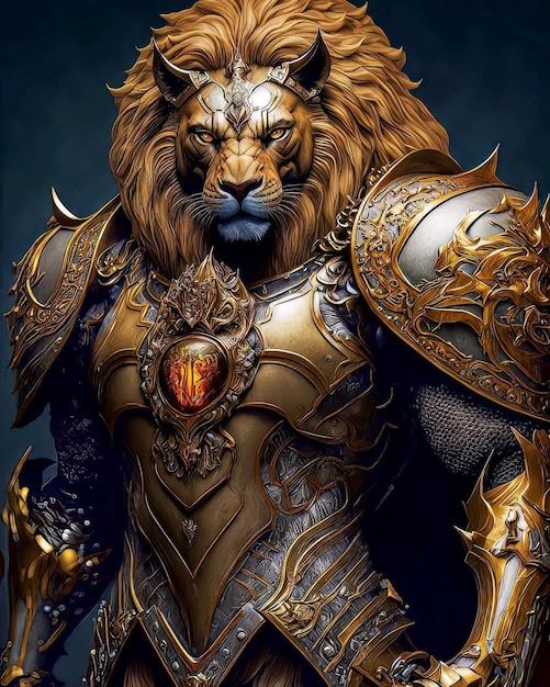 A lion in a golden armor with a heart on its chest.