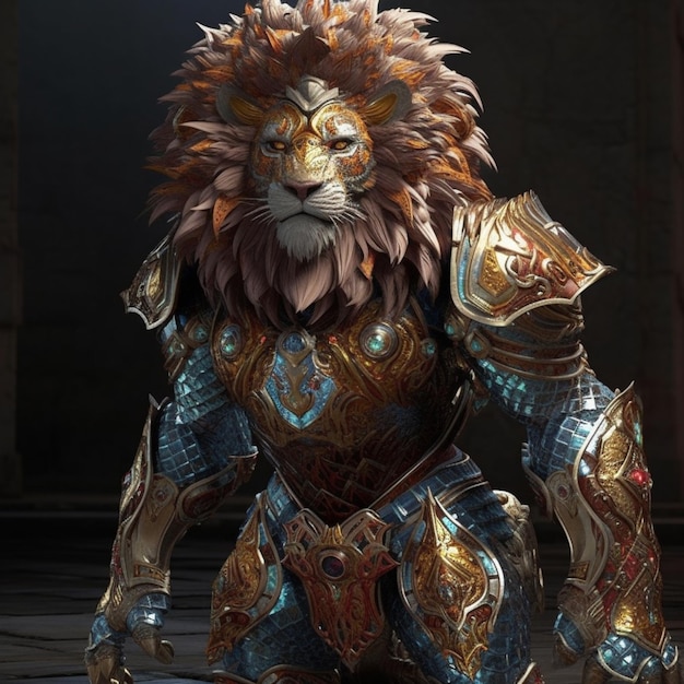 A lion in a golden armor with a white face and gold trim.