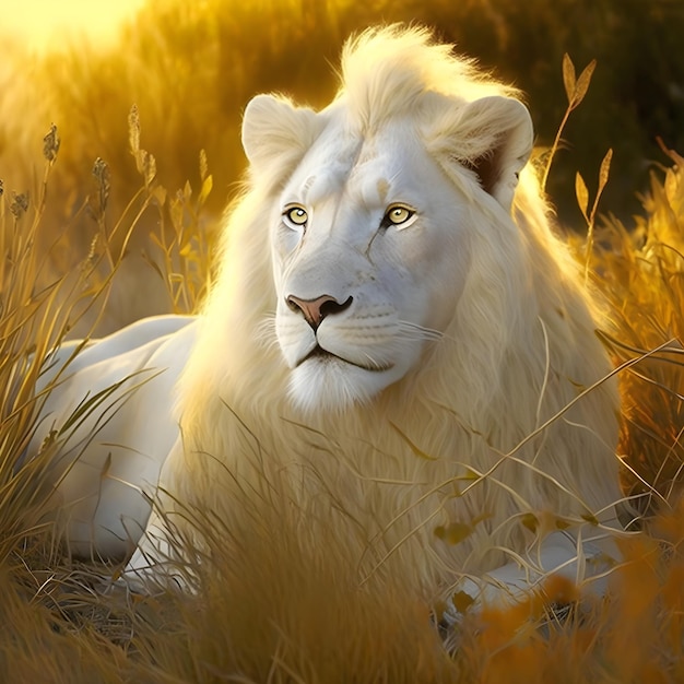 A lion in the grass with blue eyes