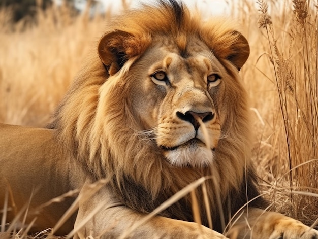 A lion in the grass with a golden background