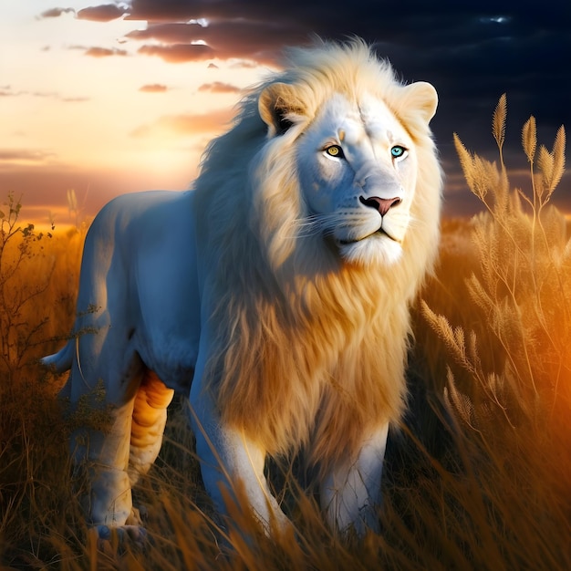 A lion in the grass with the sun behind it