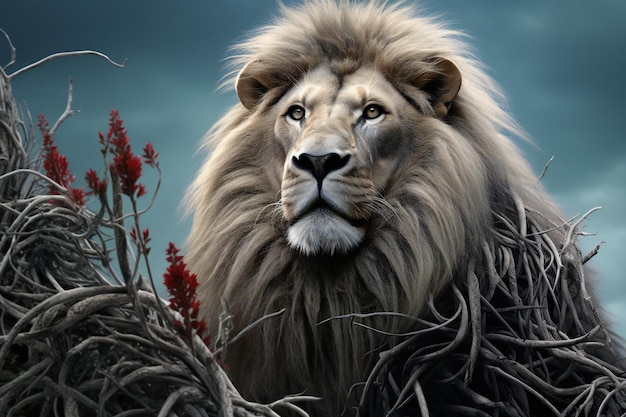 A lion in a grassy field with flowers