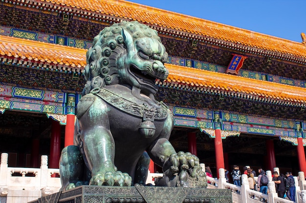 The lion guarding Taihemen in Forbidden City Beijing China