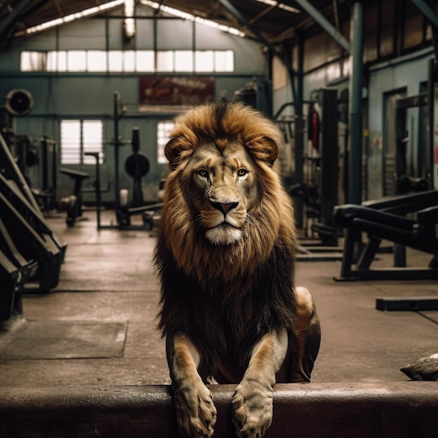 A lion in a gym with a sign that says'lion '