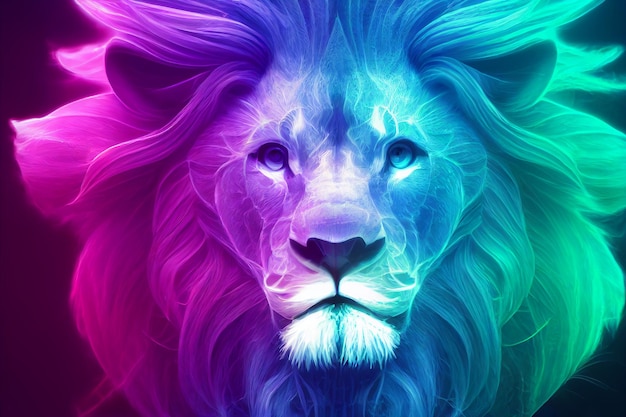 Lion head in bright neon acid colors Digital illustration