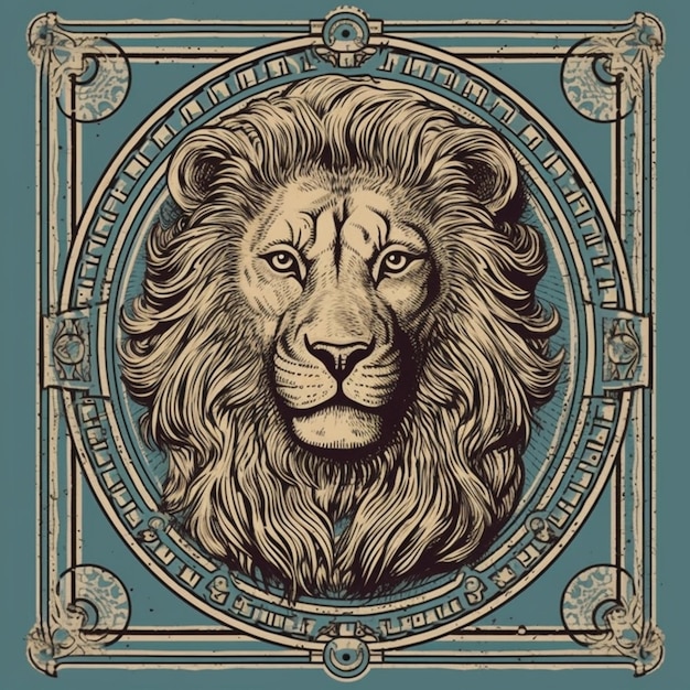 A lion head in a frame with a blue background generative ai