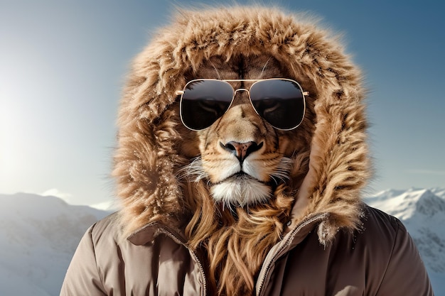 Lion head wearing sunglasses on the human body of a man wearing winter clothes Generative AI