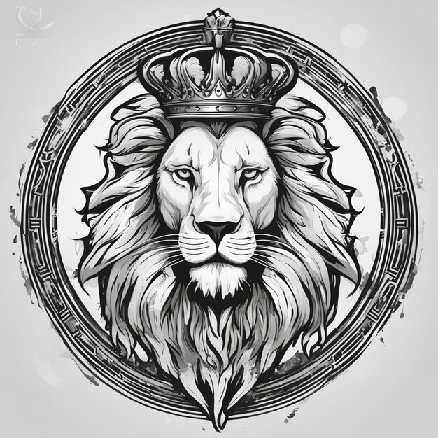 写真 獅子の頭と王冠 優雅で高貴なロゴ 黒と白のステッカーシール