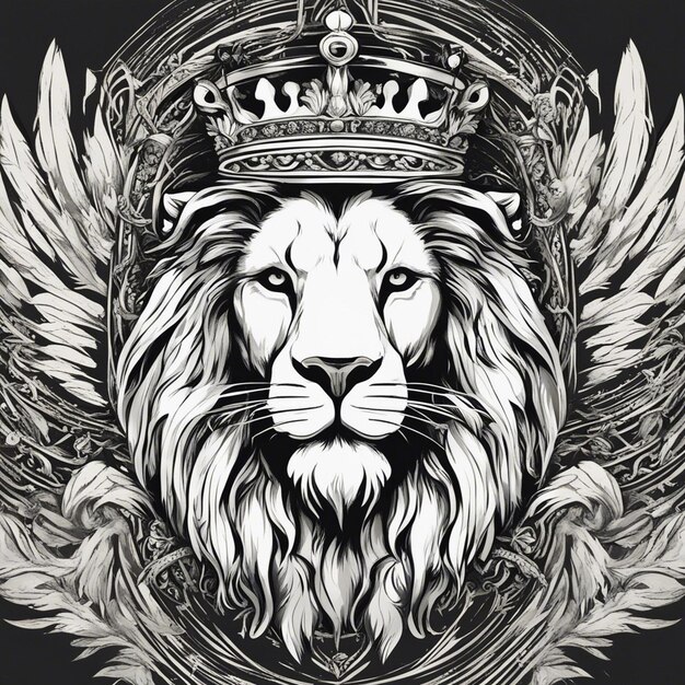 Photo lion head with crown elegant and noble logo black and white sticker seal