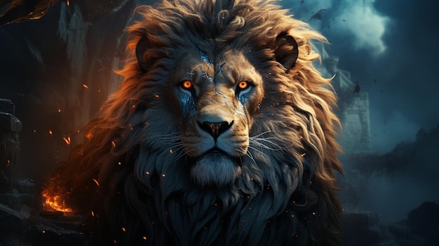 lion head with a glowing golden lion face digital illustration