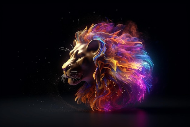 A lion head with a rainbow mane on it