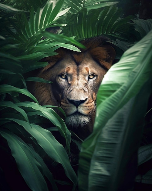 熱帯の緑の葉の後ろに隠れているライオン