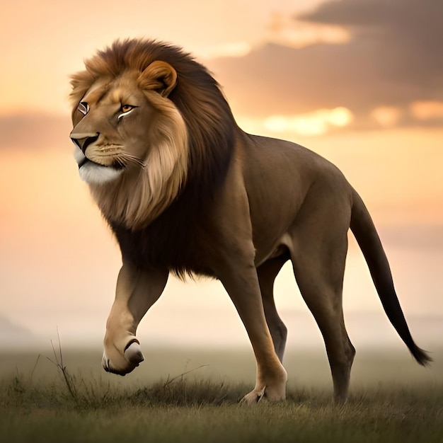 Лев на охоте запечатлен в движении с острыми деталями его мускулов и когтей.