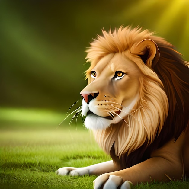 Лев лежит в траве, на него светит солнце.