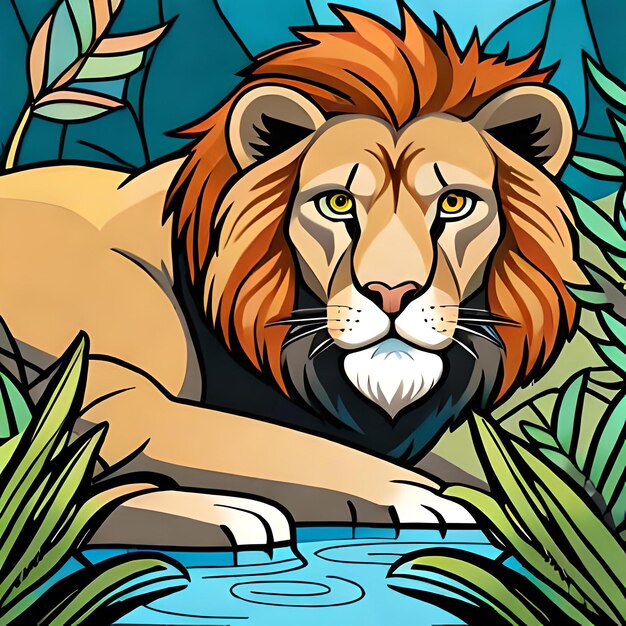 A lion is laying on a pond and the background is blue and green.