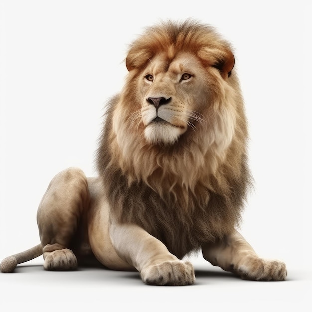 A lion is lying down on a white background.
