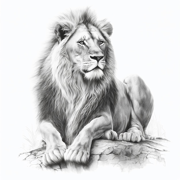 A lion is resting on a rock and has a white background.