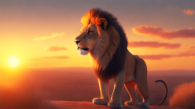 A lion is standing in front of a sunrise