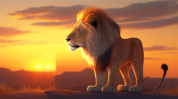 A lion is standing in front of a sunset