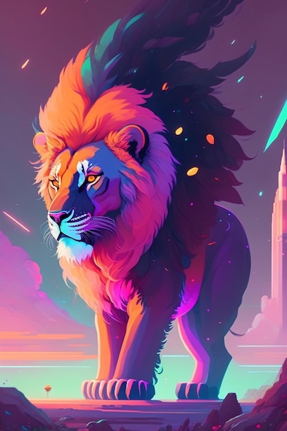 A lion is standing on a rainbow background.