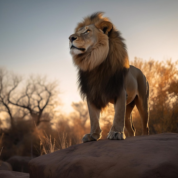 A lion is standing on a rock with the sun setting behind it.