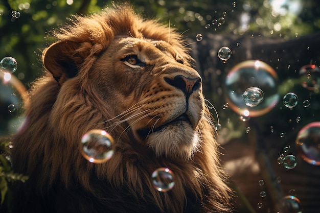 a lion is surrounded by bubbles in the air