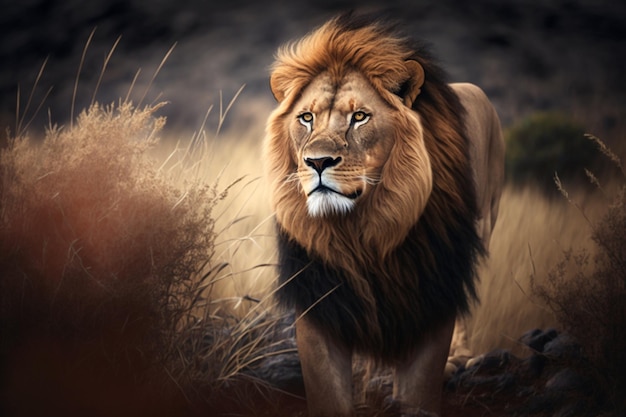 A lion is walking through the grass.