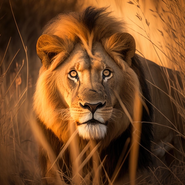 A lion is walking through tall grass and the sun is setting.