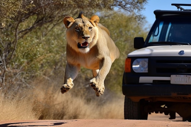 A lion jumping over a car in the desert