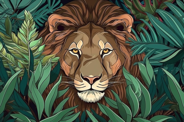 Lion in the jungle Amazing tropical fauna pattern Ai generative