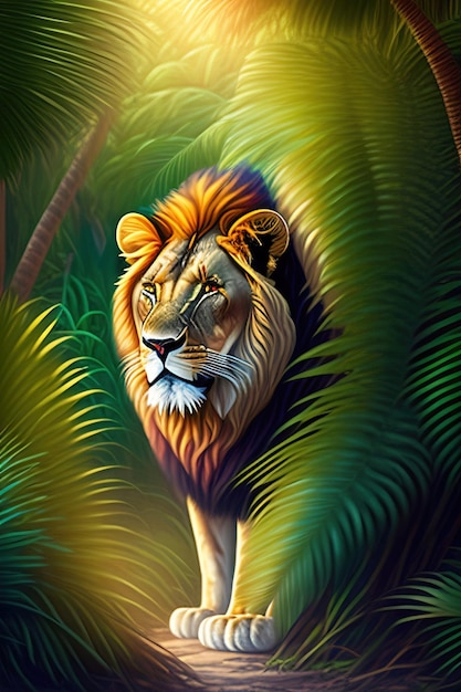 Lion in the jungle peeking out of the thicket