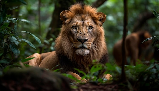 A lion in the jungle with a green background