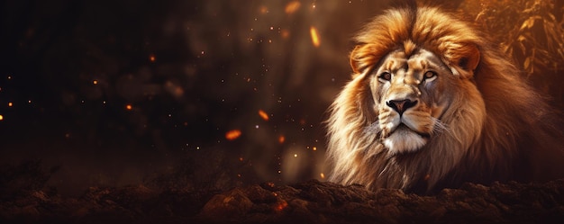 Photo lion king animal of nature with dark golden background nature panorama generative ai