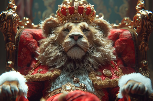Photo lion king enthroned on throne with crown and rod of power majestic powerful wild predator