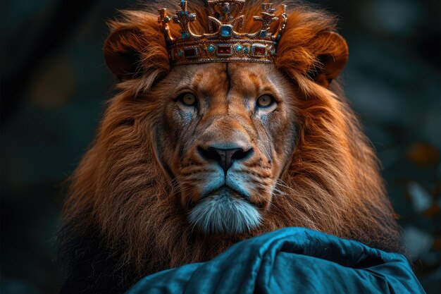 Photo lion king enthroned on throne with crown and rod of power majestic powerful wild predator