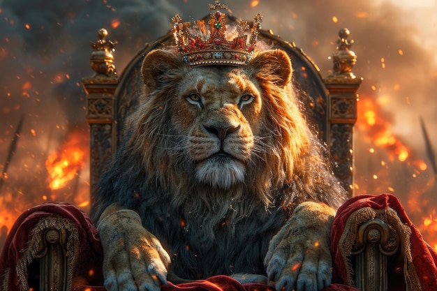 Photo lion king enthroned on throne with crown and rod of power majestic powerful wild predator