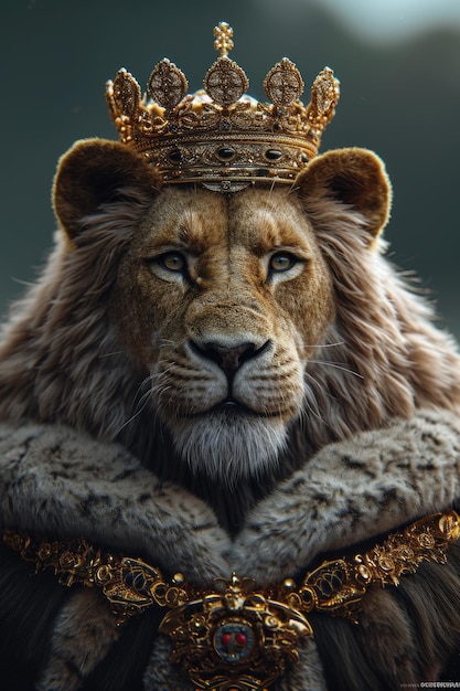 Photo lion king enthroned on throne with crown and rod of power majestic powerful wild predator