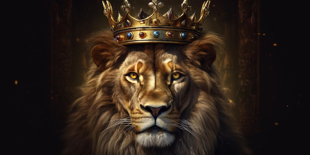 Lion king in a golden crown on a dark background with AI generated