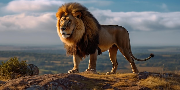 Photo lion king stands on a hill