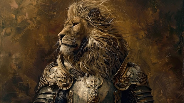 Lion in knight costume cavalier medieval theme mane Mascot wild animal surrealism closeup big cat costume photo shoot for pet Presenting pride and greatness concept Generative by AI