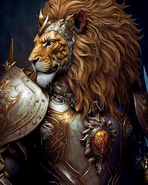 騎士のスーツを着て剣を持ったライオン。