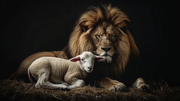 Photo lion and lamb stark contrast