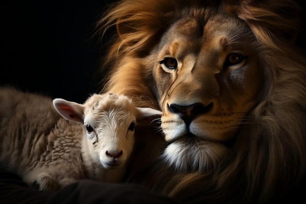 The Lion and the Lamb Together on Black Background Generative AI