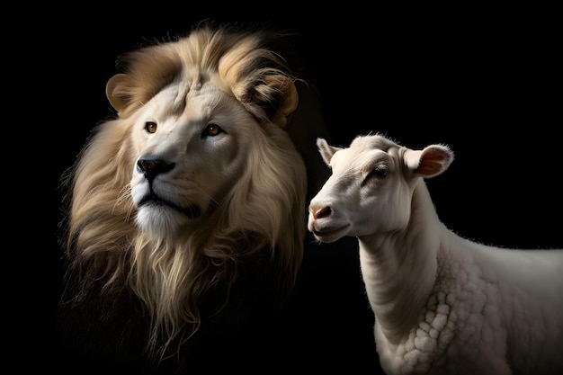 黒い背景に一緒にいるライオンと子羊 イエス・キリストの性質の 2 つの側面 ジェネレーティブ AI