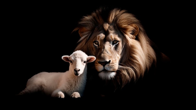 The Lion and the Lamb together Image on black background created Generative AI