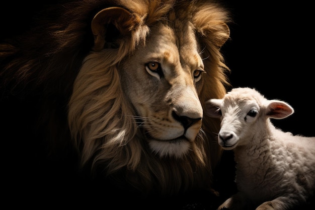 The lion and the lamb together standing on black background