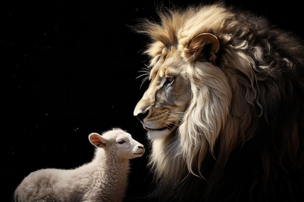 The lion and the lamb together standing on black background