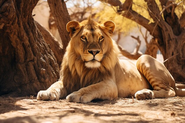 a lion laying on the ground in front of a tree