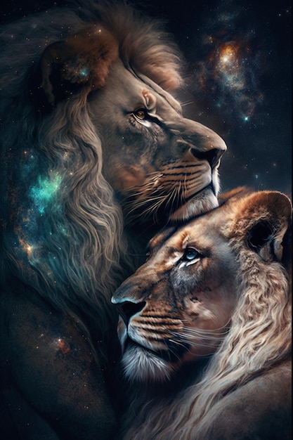 A lion and a lion are looking at the stars