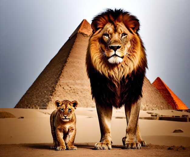 Photo a lion and a lion are standing in front of pyramids